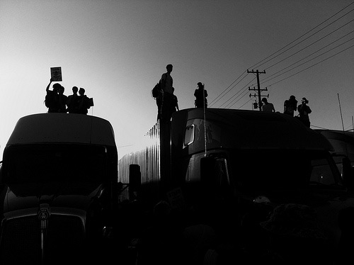 Occupy Oakland General Strike on trucks at Port of Oakland. Photo by Steve Rhodes, taken with an iPhone 4